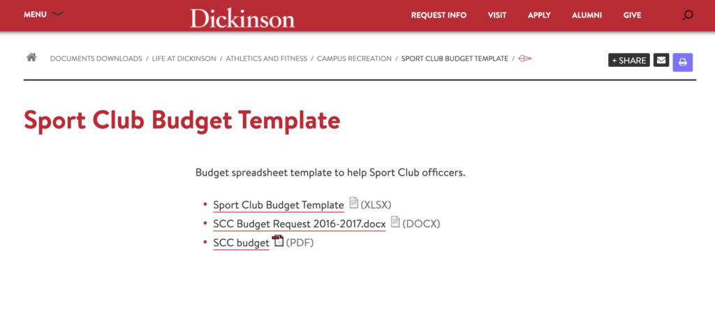 Dickinson College Sports Club Budget Template