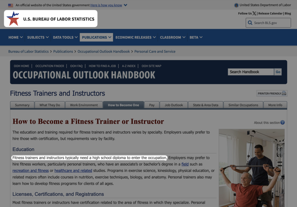 BLS Personal Trainer Degree High School Diploma Requirements