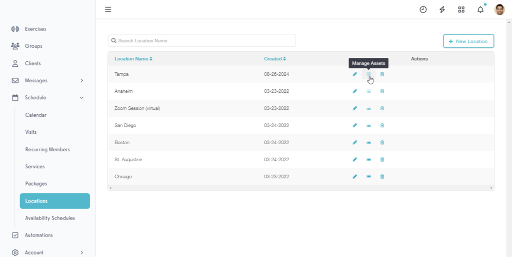 Manage Assets for Location screen