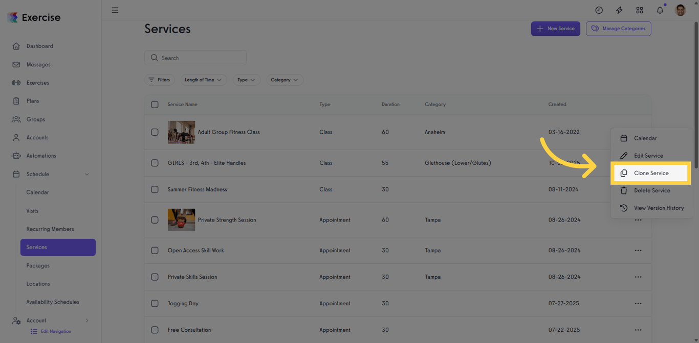 Screenshot showing the Clone Service option in Exercise.com.