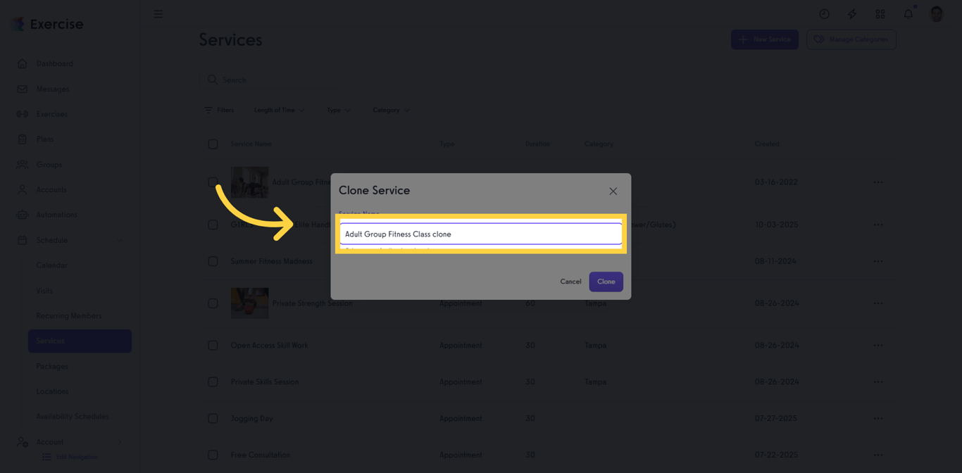 Screenshot showing where to edit the service name field for a cloned service.
