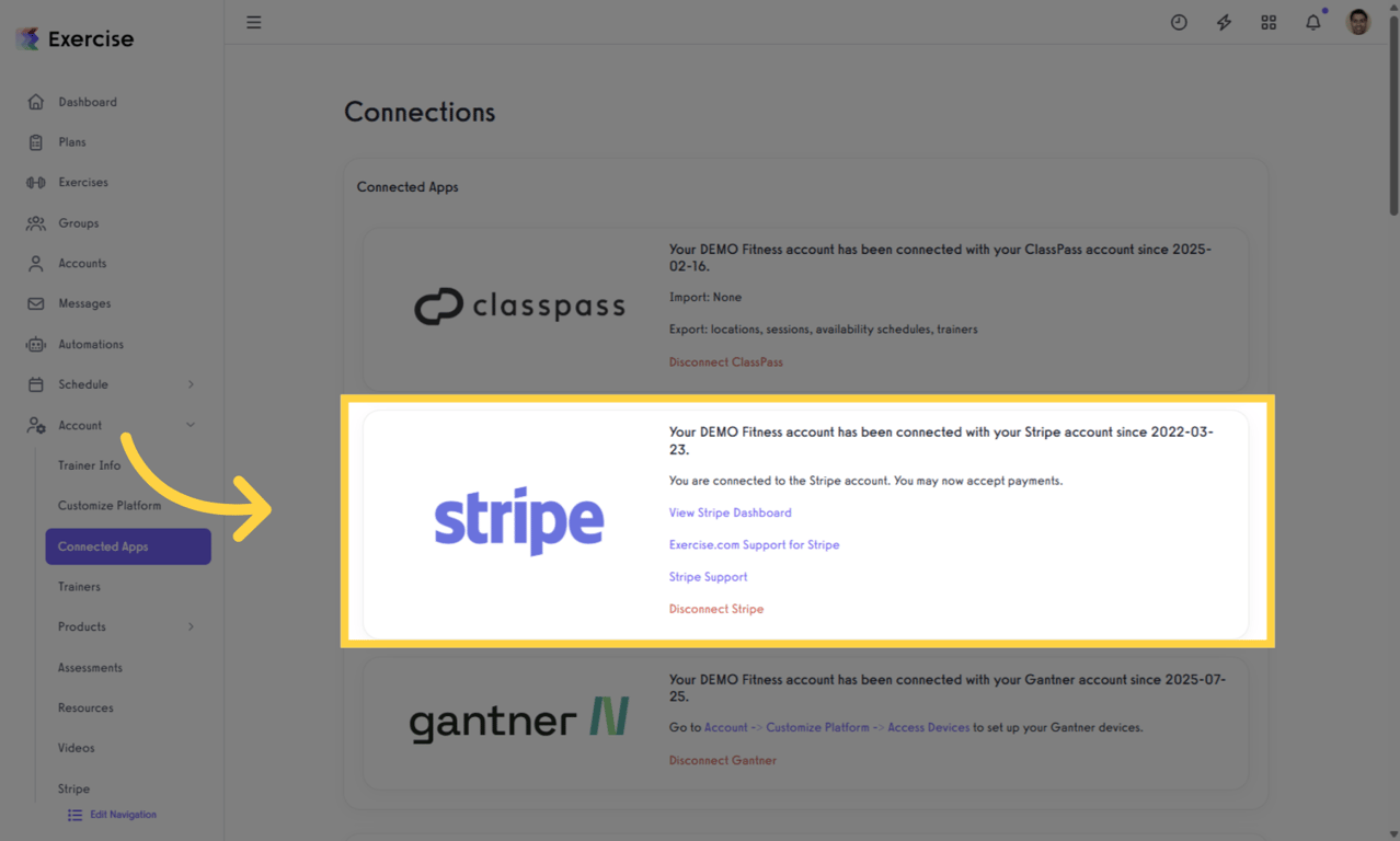 Refresh your Connected Apps page and confirm that Stripe is now connected.