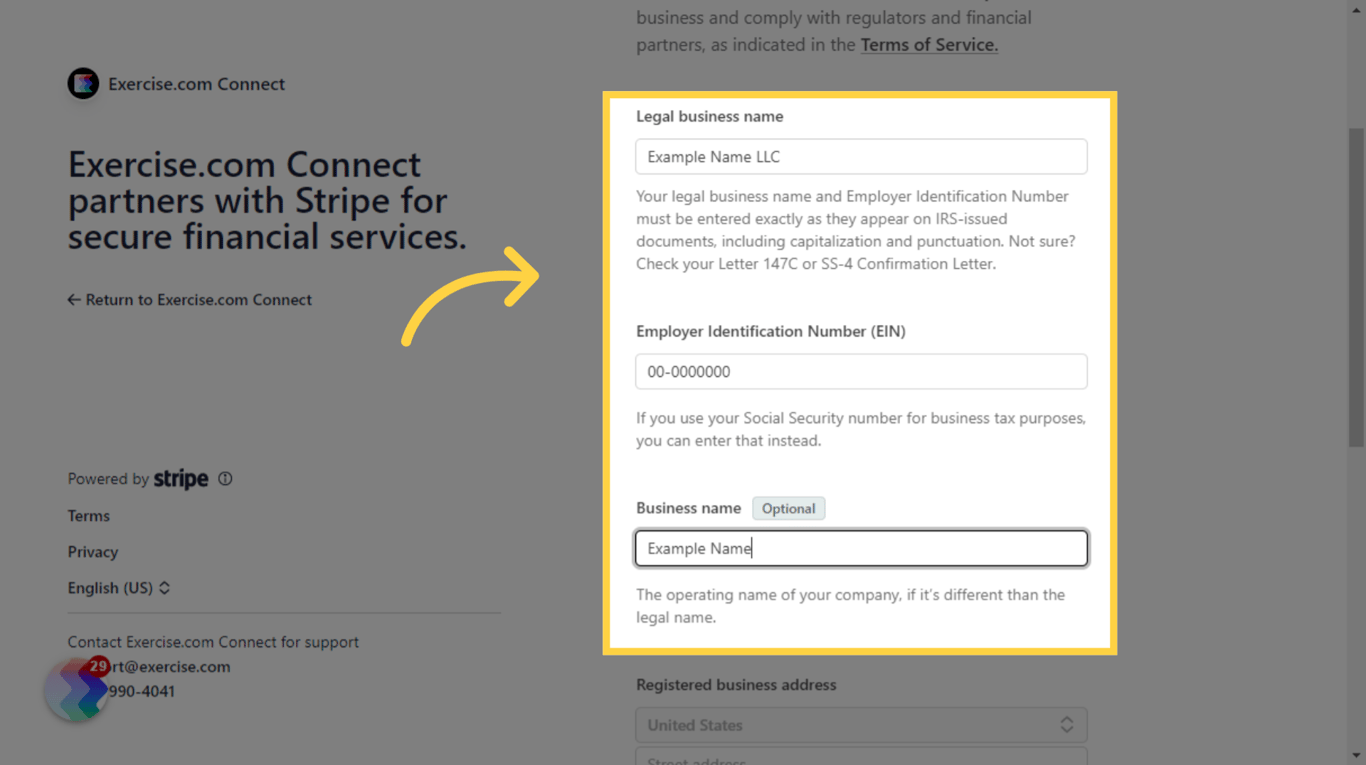 Enter your Legal business name, EIN, and operating business name.