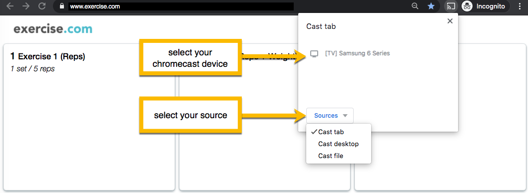 Select your Chromecast device and source to cast the workout to your TV.