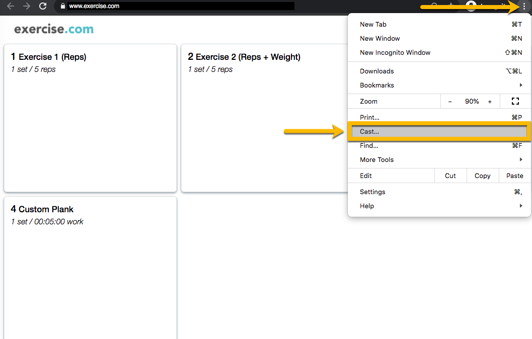 Use the Chrome More menu to select the Cast option.