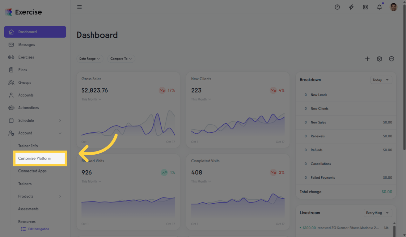 Customize Platform settings in Exercise.com dashboard