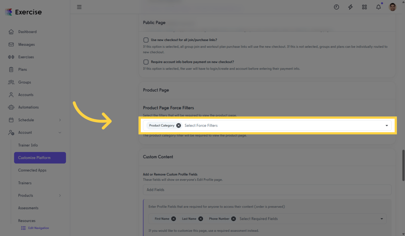 Product Page Force Filters settings in Exercise.com platform