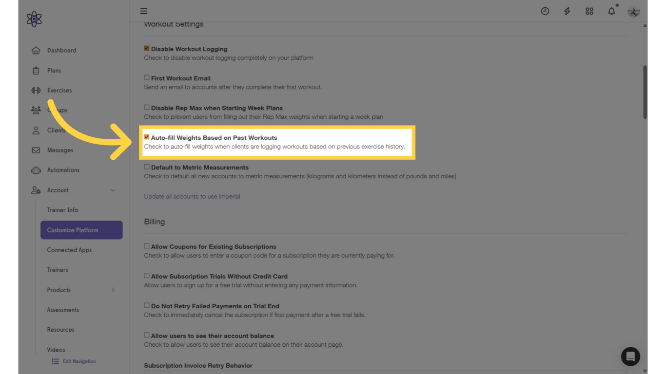 Click 'Auto-fill Weights Based on Past Workouts' checkbox.