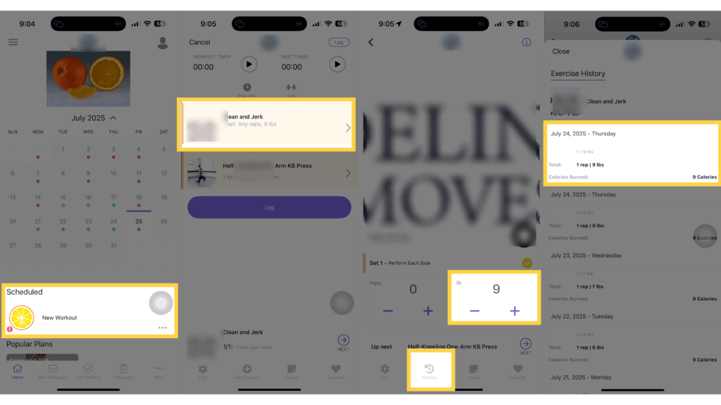 Auto-filled weight values displayed in workout logger.