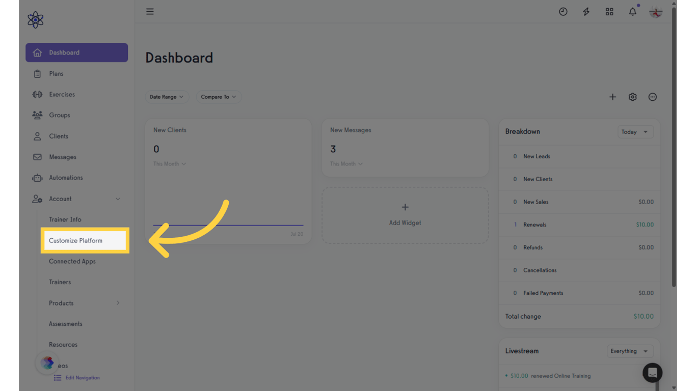 Click 'Customize Platform' tab in the left sidebar.