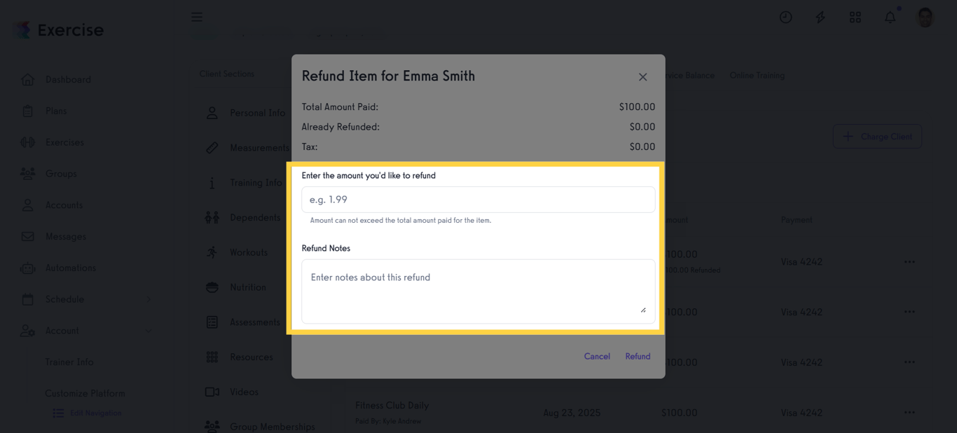 Enter the Refund amount and any notes