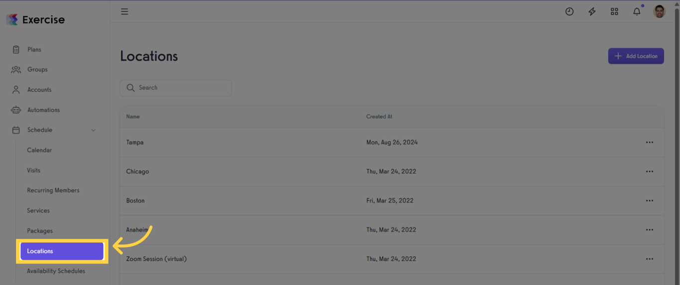 Open the Locations page from the Schedule menu.