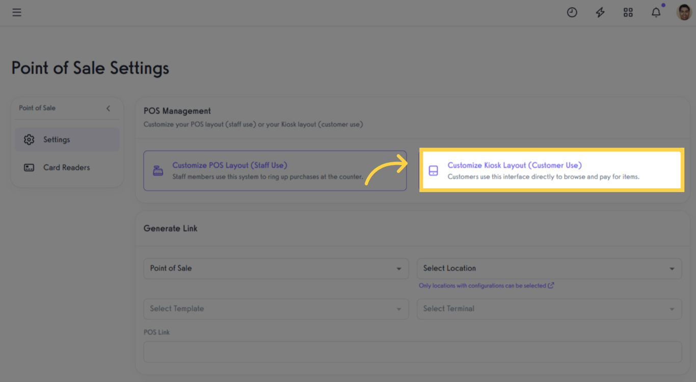 Click Customize Kiosk Layout (Customer Use).