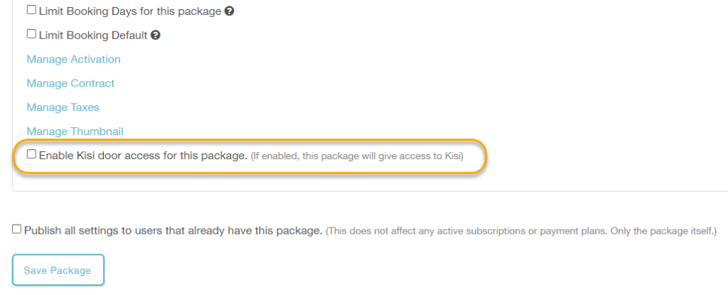 The Enable Kisi setting on the package setup page