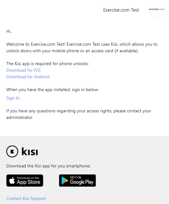Example Kisi welcome email sent to clients