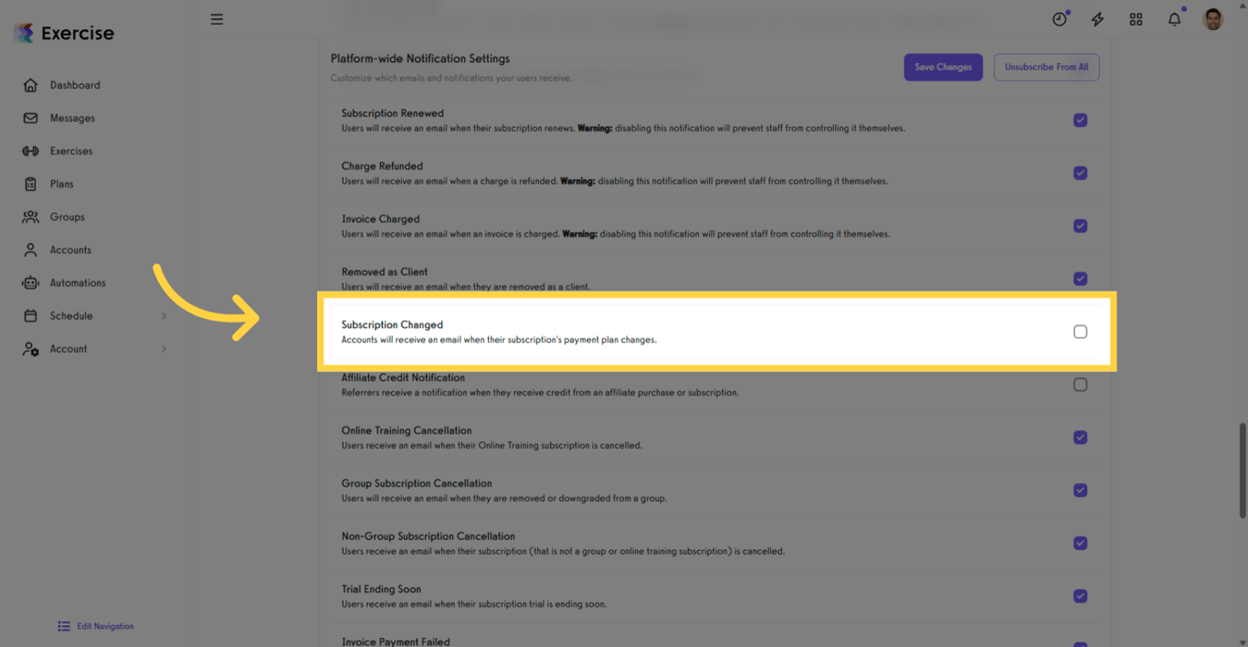 Subscription Changed toggle in Notification Settings.