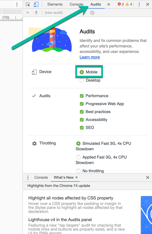 Google Chrome Inspect Mobile Audit